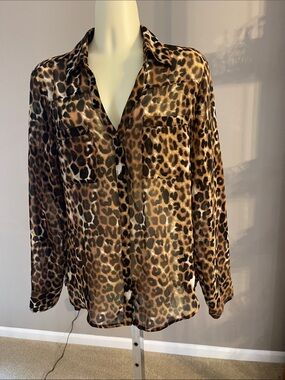 Express Portofino Leopard Print Satin Button-Front Blouse - Brown  EUC